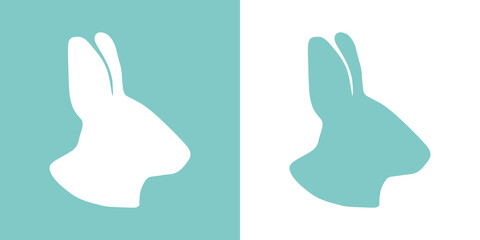 Cute vector illustration of a hand drawn bunny head on a white and pastel turquoise background, card or postcard design.