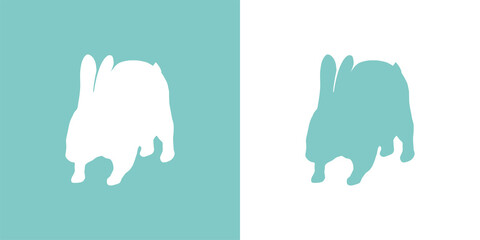 Cute vector illustration of a hand drawn running rabbit on a white and pastel turquoise background, card or card design.