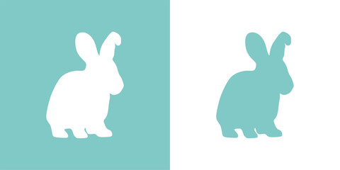 Cute vector illustration of a hand drawn rabbit on a white and pastel turquoise background, card or card design.
