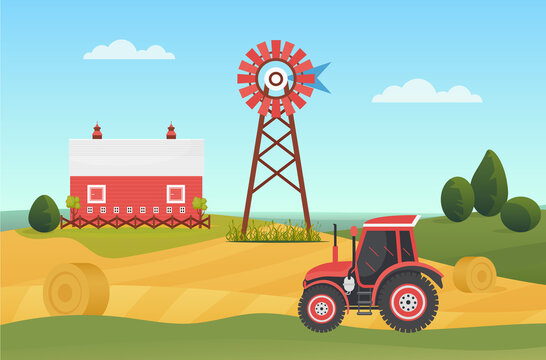 Farm agricultural tractor on village lands, countryside ranch landscape vector illustration. Cartoon agriculture machinery working on farmland field with haystacks, house barn on hill background