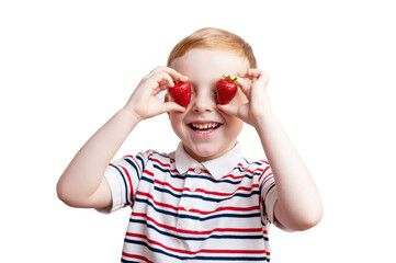 Strawberry Eyes. Cute boy hiding eyes with strawberry and laughing isolated on white background.