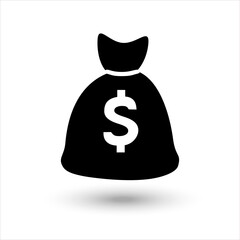 Money Bag Icon with the shadow black illustration, isolated on white background, graphic design sign. Flat design style.