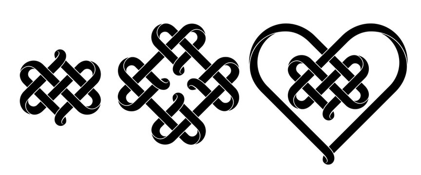 Set of heart signs made of intertwined mobius stripes as celtic knots. Symbols of endless love. Vector illustration.