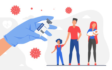 Family coronavirus vaccination protection, medicine healthcare concept vector illustration. Cartoon doctor hand holding vaccine medical bottle to protect father, mother, children characters background