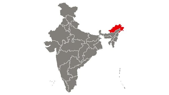 Arunachal Pradesh state blinking red highlighted in map of India