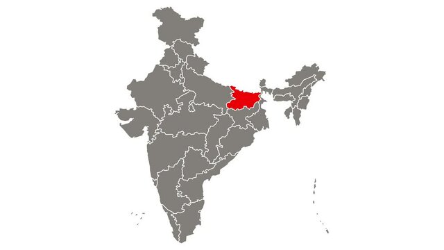 Bihar state blinking red highlighted in map of India