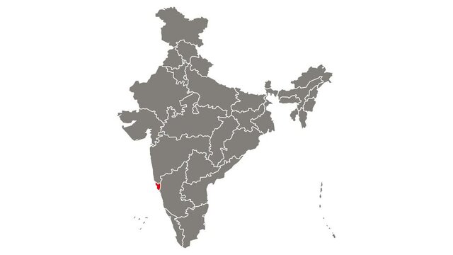 Goa state blinking red highlighted in map of India