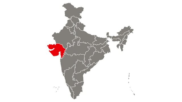 Gujarat state blinking red highlighted in map of India