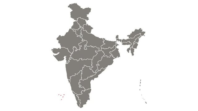Lakshadweep state blinking red highlighted in map of India