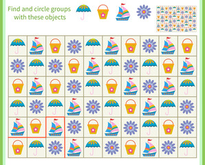 Fototapeta na wymiar Logic game for children. Divide and circle the groups with the objects shown at the top