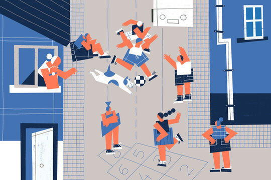 Children play traditional games on the streets of a small town. Rural life scene and healthy living concept illustration.