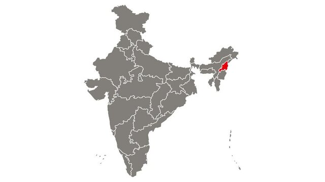 Nagaland state blinking red highlighted in map of India