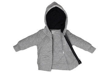 Hooded sweater isolated. Closeup of a trendy gray hoodie jacket or cardigan for boy isolated on a...
