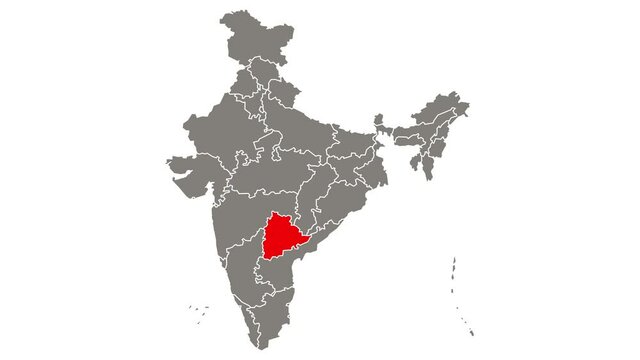 Telangana state blinking red highlighted in map of India