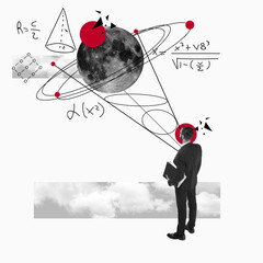 Calculation and formulas in man's head. Modern design, contemporary art collage. Inspiration, idea,...