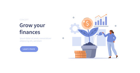 Character planting and watering money tree sprout with gold coin on top. Investment, finance management and economic growth concept. Flat cartoon vector illustration.