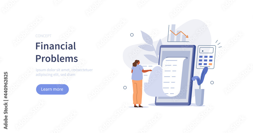 Poster character reading and calculating long financial bill or invoice online in mobile app on smartphone.