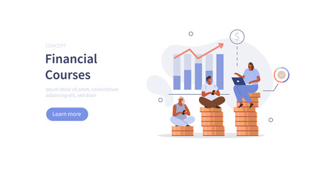 Characters studying finance with tutor in business school or courses. People learning how to manage finances. Financial and business education concept. Flat cartoon vector illustration.