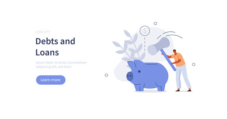 Character having financial problems, debts and loans. Man breaking piggy bank to use his last finances. Credit and debts management concept. Flat cartoon vector illustration.