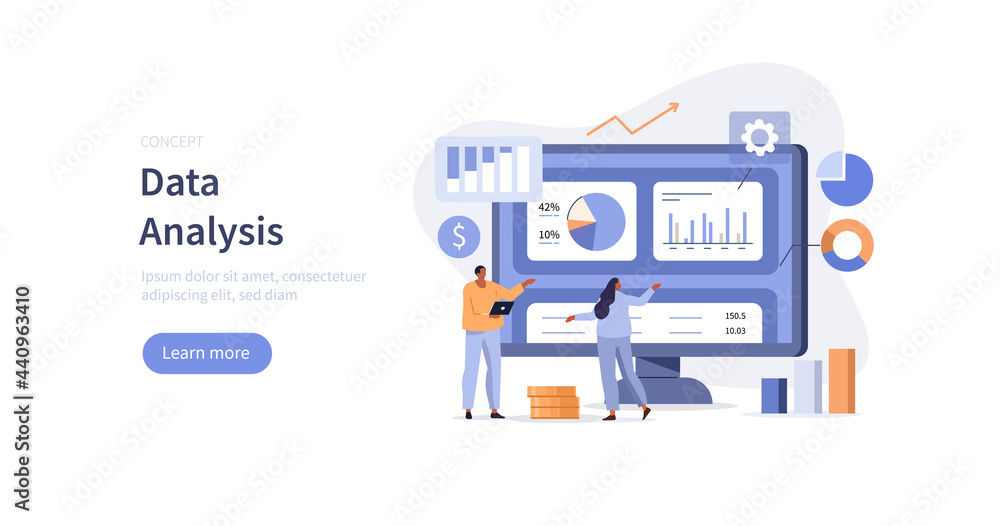 Poster characters analyzing graphs, charts and diagrams. people planning business strategy and managing dat