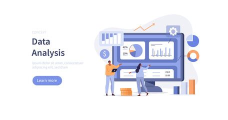 Characters analyzing graphs, charts and diagrams. People planning business strategy and managing data and finance. Data analysis concept. Flat cartoon vector illustration. - obrazy, fototapety, plakaty