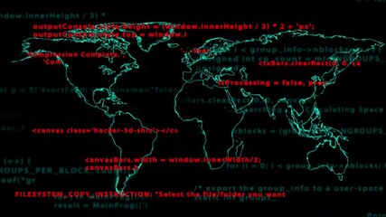 Hacking and malware. Blocks of program code in the virtual space. Seamless loop animation. Digital source script on the monitor with world map on background - Powered by Adobe