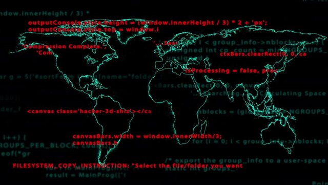 Hacking and malware. Blocks of program code in the virtual space. Seamless loop animation. Digital source script on the monitor with world map on background