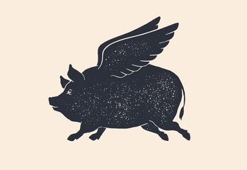 Angel piggy, pig with wings. Vintage retro print, black white fly pig drawing with wings, grunge old school style. Isolated black silhouette angel pig on white background. Vector Illustration