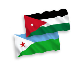 National vector fabric wave flags of Republic of Djibouti and Hashemite Kingdom of Jordan isolated on white background. 1 to 2 proportion.