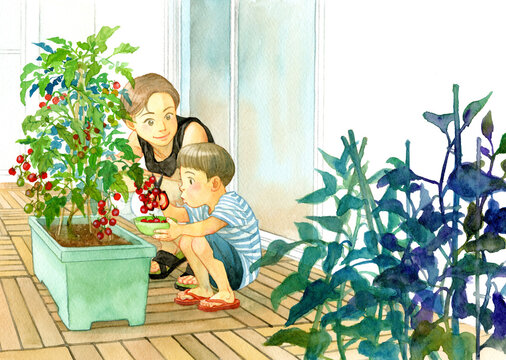 A mother and her son harvesting tomatoes on a porch