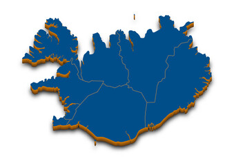 Iceland map vector. High detailed administrative 3D map of Iceland with dropped shadow. Vector blue isometric silhouette with administrative divisions. All isolated on white background