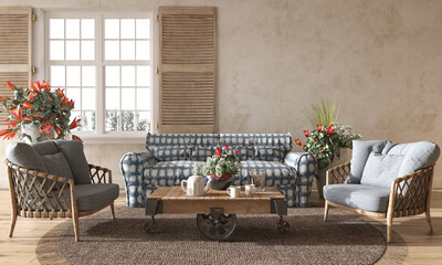 Scandinavian farmhouse style living room interior with natural flowers. Mock up wall background. 3d render illustration.