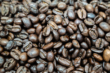 A group of fresh brown coffee beans was filmed in a natural close-up.