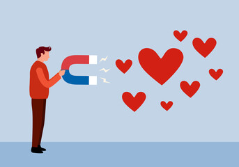 Man attracting the red heart in flat design. Magnetic love.