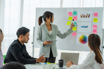 Asian female thinking and presntaion  in meeting room