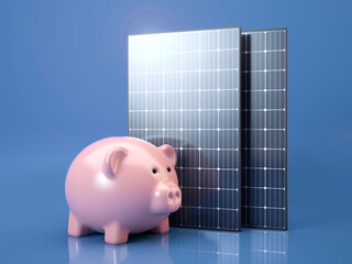Photovoltaic solar panel and piggy bank on blue background - 3d illustration