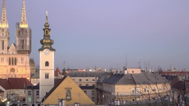 Aerial view of Zagreb Cathedral and old city skyline at sunset with as seen from Gradec, Zagreb, Croatia