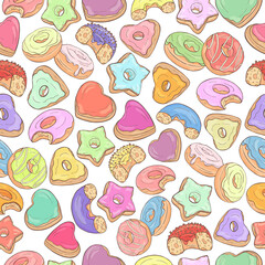 Donuts seamless pattern. Colorful yummy donuts background. Sweet food, delicious food illustration. Bakery shop,cafe wallpaper. Color doughnut different color and shape. Donuts print. Doughnut glazed