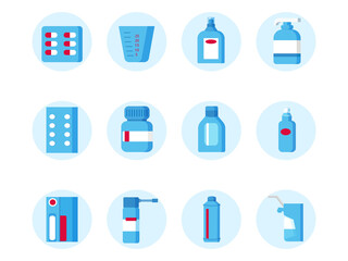 Sanitizer, medicine bottle with medicines, spray and measuring cup. Bottles for drugs,tablets,capsules,prescriptions and vitamins icons set.