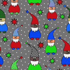 seamless pattern with Christmas gnomes on gray 