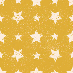 Pink stars on a yellow background. Seamless patterns with grunge texture. Print for modern fabrics, throw pillows, wrapping paper. 