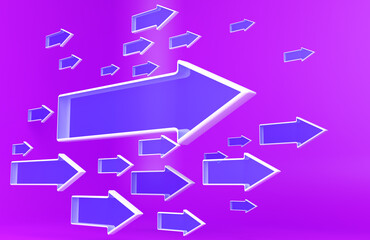 Abstract blue arrows. Blue arrows on a purple background. They symbolize leadership and movement forward. Business leadership concept. Arrows indicate movement in one direction. 3d rendering