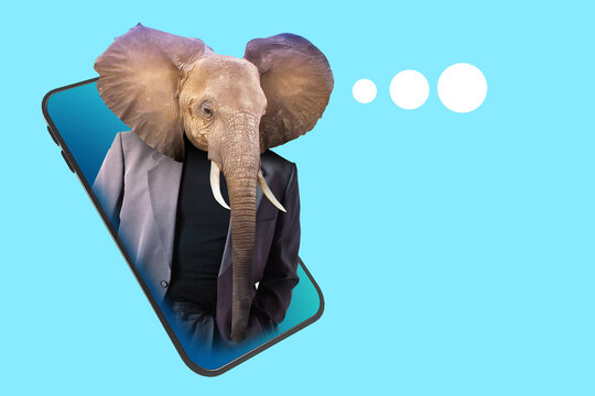 Art portrait of elephant with man body. Businessman's elephant's head symbolizes uncool character of a person. Man in business suit at smartphone screen. Turquoise art portrait on theme of business
