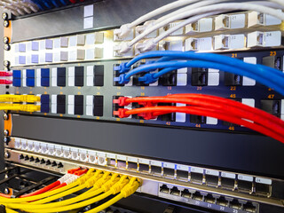 Telecommunication equipment with colored wires. Bright colorful wires are connected to panel. Network and internet equipment. Telecommunication server. wires from server are connected to ports.