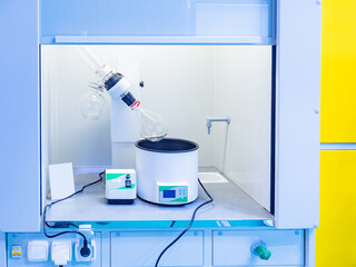 Rotary evaporator in medical laboratory. Laboratory equipment for handling evaporating liquids....