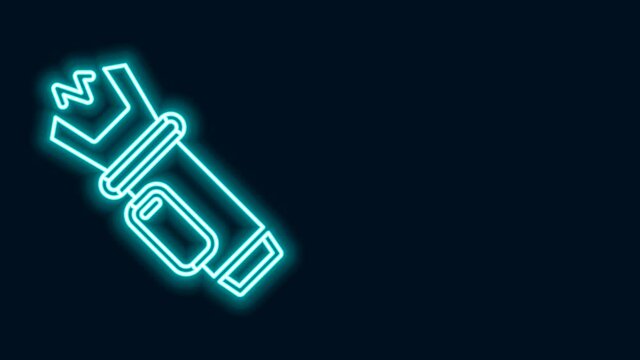 Glowing neon line Police electric shocker icon isolated on black background. Shocker for protection. Taser is an electric weapon. 4K Video motion graphic animation