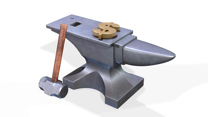 Anvil and hammer with golden dollar symbol isolated on white background. 3d render illustration