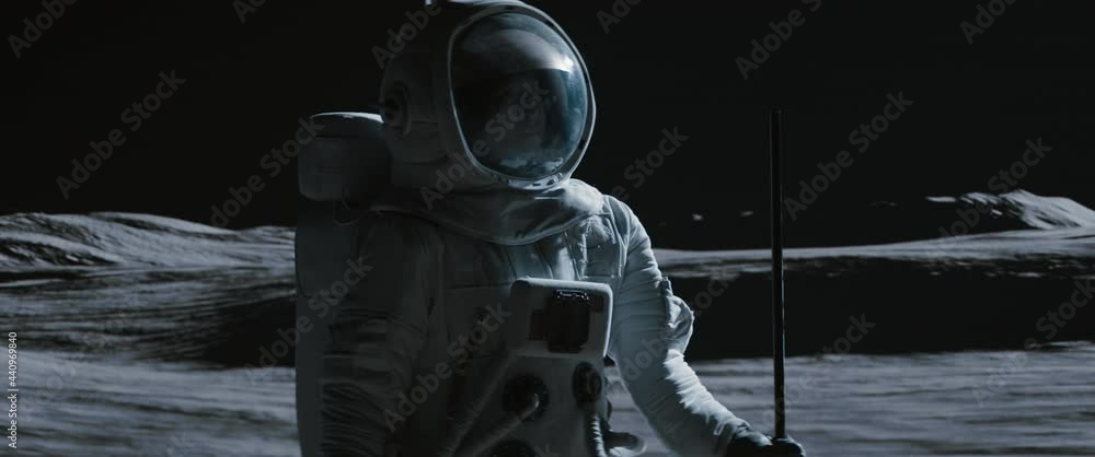 Wall mural portrait of asian lunar astronaut placing a flag pole on the moon surface. easy to track and add you