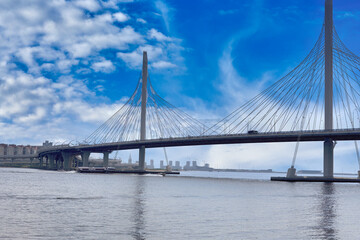 Fototapeta na wymiar Cable-stayed bridge over the Petrovsky fairway in St. Petersburg