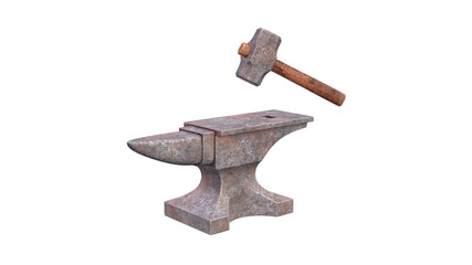 Rusty anvil and hammer isolated on white background. 3d render illustration